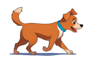 illustration of an orange and beige dog walking with happy expression, sticking out his tongue, cute pet, sketch design for doggy.
