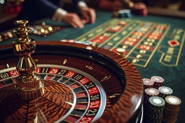 Roulette on a casino betting table with cards and chips