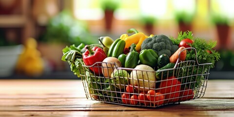 Shopping basket with vegetables on a wooden table