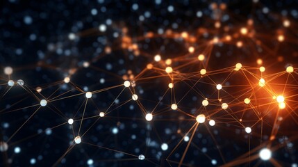 Fototapeta premium Abstract digital connectivity with orange network nodes and lines on a dark background, representing communication technology