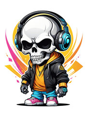 Skull with headphones listening to music illustration on transparent background