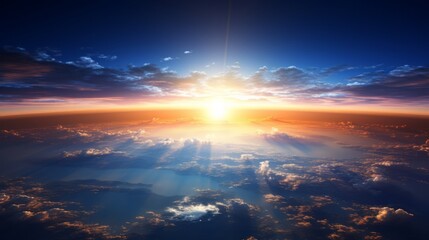 Fototapeta premium Breathtaking sunset view above the earth's atmosphere, with sun rays scattering through the clouds, invoking a sense of wonder