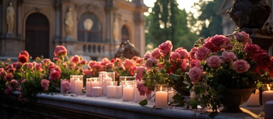 Decorations at Mirogoj cemetery: flowers and candles on tombs.