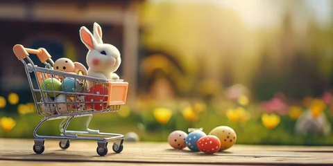 Foto op Plexiglas Shopping cart with bunny and easter eggs on wooden table and farm landscape in the background © Kaleb
