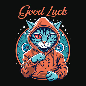Cute lettering cool cat wearing hoodie with red and blue bi colored eyes, typography eps cartoon concept vector illustration for t shirt, hoodie, clipart, poster, banner, sticker multipurpose use.