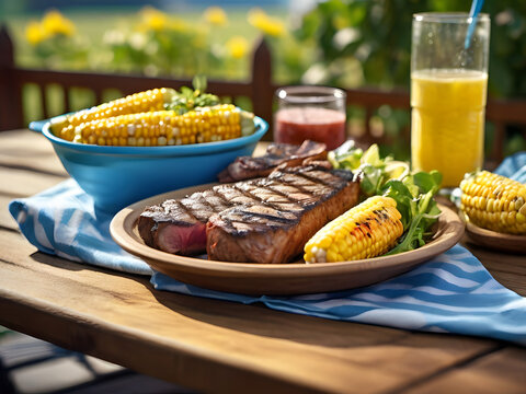 Summer BBQ Feast: Grilled Steak and Corn with Refreshing Beverages Outdoors