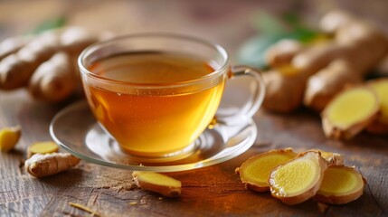 Warm Ginger Tea in a Transparent Cup with Fresh Ginger Slices on a Rustic Wooden Table, Herbal Wellness Concept