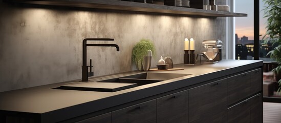 Contemporary kitchen with dark sink and doors.