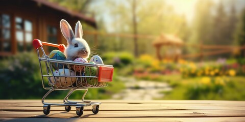 Shopping cart with bunny and easter eggs on wooden table and farm landscape in the background