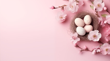 Fototapeta na wymiar Easter concept pink background with eggs in the nest and flowers