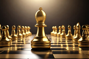 Golden chess pawn breaking free from the line, symbolizing innovative thinking, change, and disruption. Unique concept portrayed in 3D render.