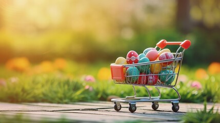 Shopping cart with colorful Easter eggs on a wooden deck in landscape with grass and flowers