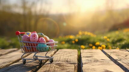 Shopping cart with colorful Easter eggs on a wooden deck in landscape with grass and flowers