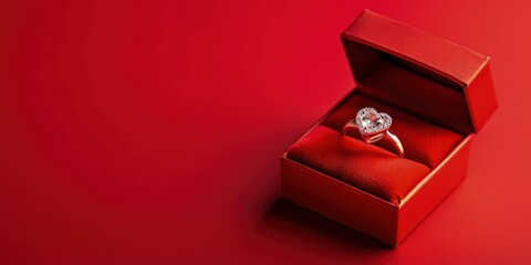 Box with wedding ring isolated on red background, engagement ring, dating ring, valentine's day - obrazy, fototapety, plakaty