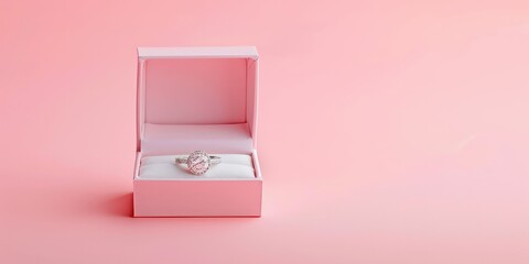 Box with wedding ring isolated on pink background, engagement ring, dating ring, valentine's day - obrazy, fototapety, plakaty