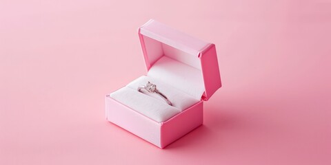 Box with wedding ring isolated on pink background, engagement ring, dating ring, valentine's day