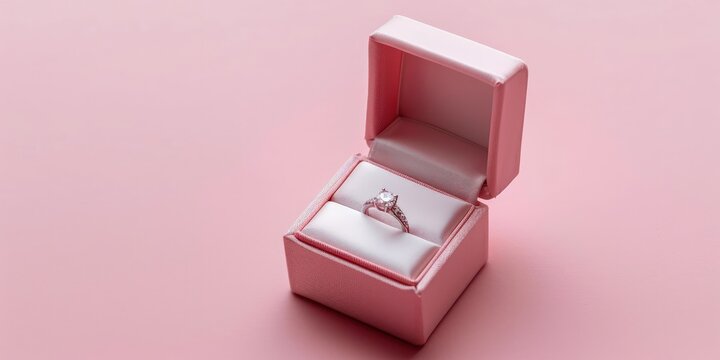 Box with wedding ring isolated on pink background, engagement ring, dating ring, valentine's day