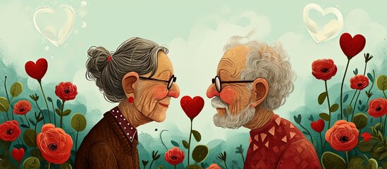 Valentine's day card with elderly couple and heart shaped flowers