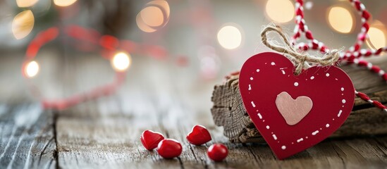 Heart cutout with string on wooden table with copy space, Valentine's Day

