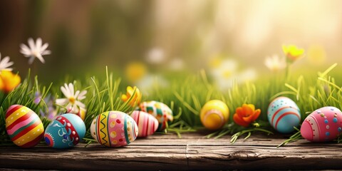 Fototapeta na wymiar Colorful Easter eggs on a wooden base with flowers and grass in the background