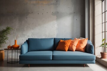 Interior home design of modern living room with blue sofa and old gray concrete wall