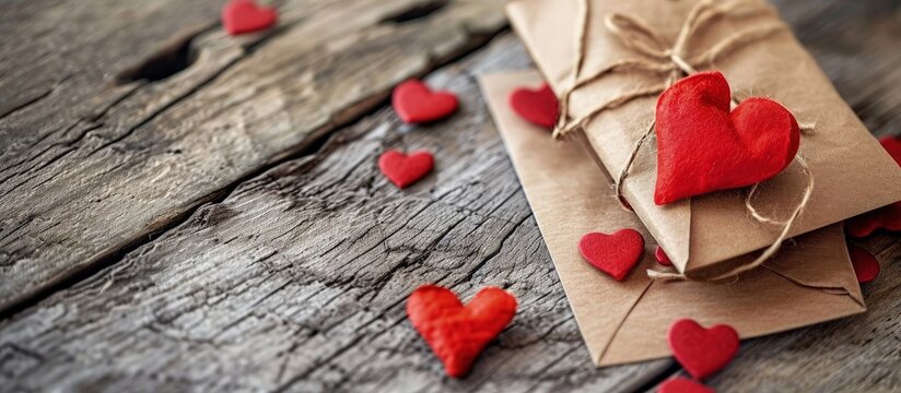 Envelopes with love letters and hearts on wooden background, Valentine's Day letter