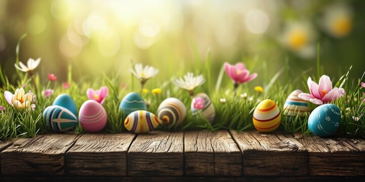 Colorful Easter eggs on a wooden base with flowers and grass in the background