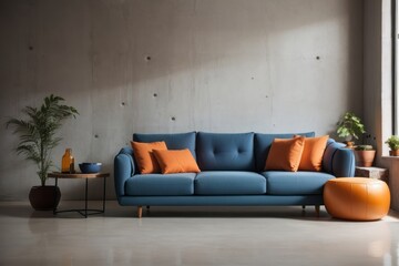Fototapeta premium Interior home design of modern living room with blue sofa and old gray concrete wall