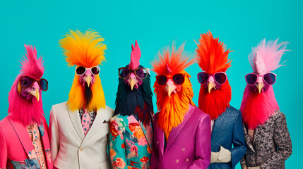 Creative animal concept. Rooster bird in a group, vibrant bright fashionable outfits isolated on solid background advertisement, copy text space. - obrazy, fototapety, plakaty