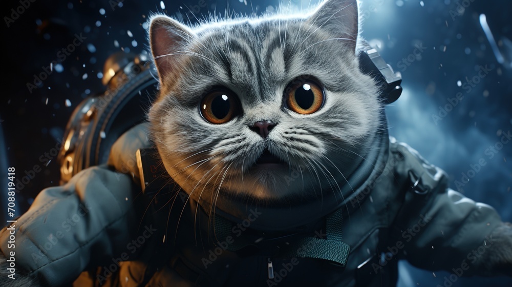 Poster a cute cat wearing a spacesuit is floating in space