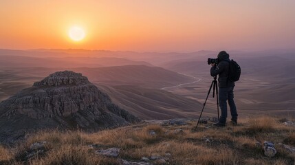 Filmmaker overlooking valley sunset