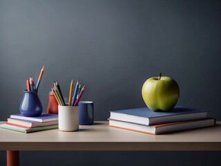 study books and apple on table, school concept