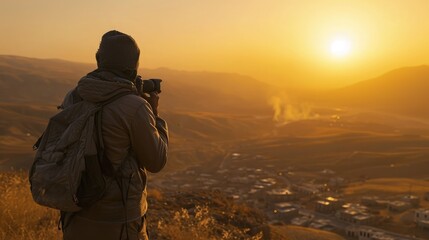 Filmmaker overlooking valley sunset