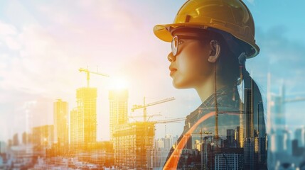 Future building construction engineering project concept with double exposure graphic design. Building engineer, architect people or construction worker working with modern civil equipment 