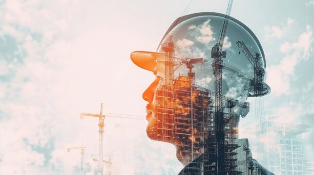 Future building construction engineering project concept with double exposure graphic design. Building engineer, architect people or construction worker working with modern civil equipment 