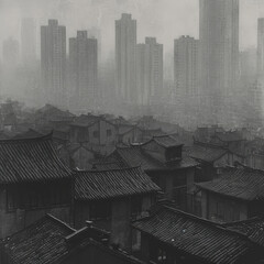 Misty Rooftops: Urban Grayscale Monochrome View