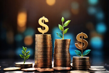 Coins stack with growing percentage sign, symbolizing financial growth, investment profit, and business success. An impactful image for banking and investment concepts. - obrazy, fototapety, plakaty