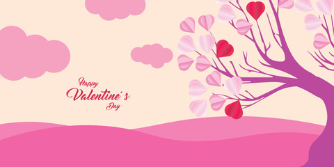 Valentine's day concept love illustration of tree with heart shaped leaves growing in paper cut style