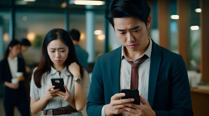 asian people looking at the phone with concern, watching a bad news on the phone - obrazy, fototapety, plakaty