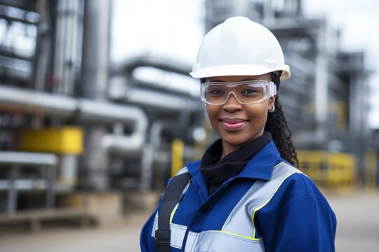Smiling black female chemical engineer wearing hardhat and safety glasses in front of industrial plant