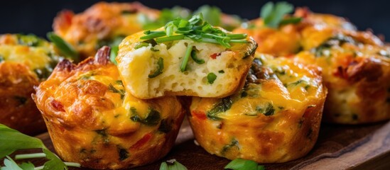 Close-up photo of cheesy and savory vegetable muffins.