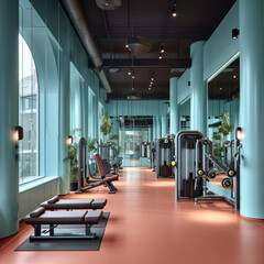 Fototapeta premium Light Turquoise Gym Interior: Machine Detailing