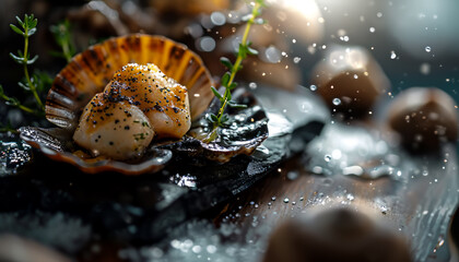 Glistening fresh scallops with herbs and poppy seeds, presented on a black plate with water droplets, AI generated