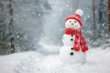 Fototapeta premium cheerful snowman enjoying snowy forest adventure, Generative AI