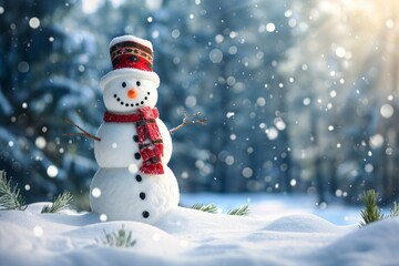 Naklejka na ściany i meble cheerful snowman enjoying snowy forest adventure, Generative AI