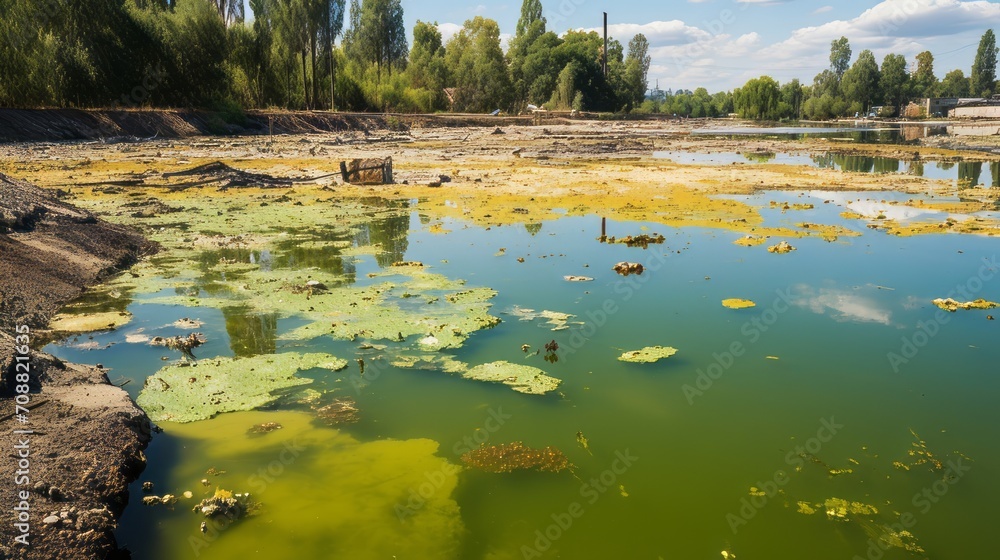 Wall mural Polluted pond with discolored and foul smelling water