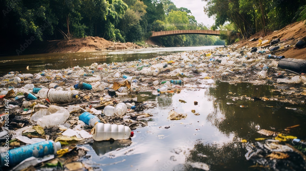 Poster polluted river with trash and debris floating on the surface