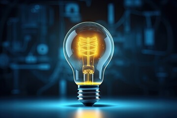 Glowing Light Bulb Symbolizing Ideas and Innovation on Tech Background - obrazy, fototapety, plakaty