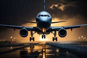 airplane landing at night - obrazy, fototapety, plakaty