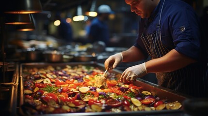 Obraz premium Chef preparing delicious food in a restaurant kitchen